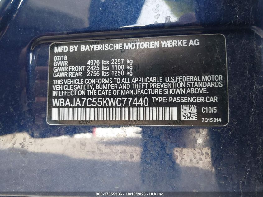 2019 BMW 530I XDRIVE WBAJA7C55KWC77440