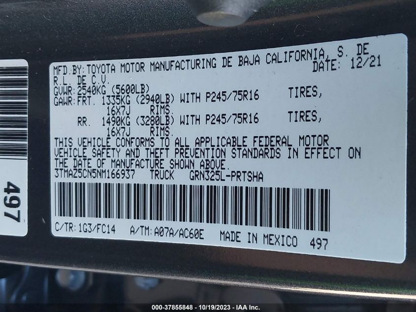 2022 TOYOTA TACOMA 2WD SR5/TRD SPORT 3TMAZ5CN5NM166937