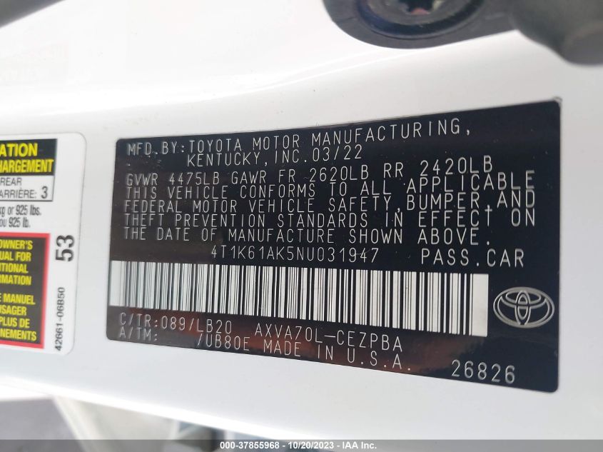 2022 TOYOTA CAMRY XSE - 4T1K61AK5NU031947