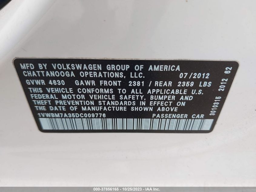 2013 VOLKSWAGEN PASSAT SE W/SUNROOF - 1VWBM7A35DC009776