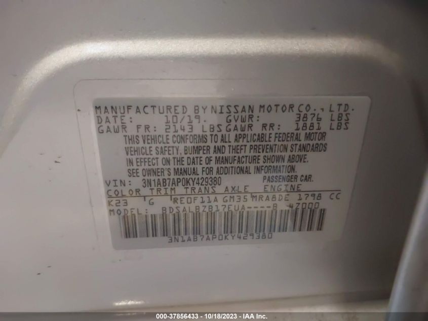 2019 NISSAN SENTRA S/SV/SR/SL - 3N1AB7AP0KY429380