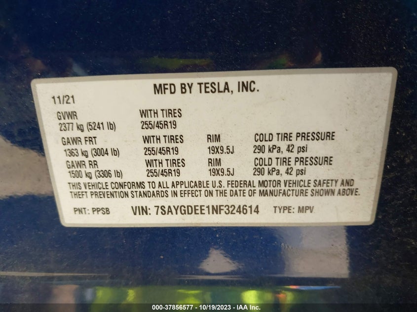 VIN 7SAYGDEE1NF324614 2022 TESLA MODEL Y