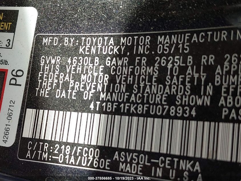 2015 TOYOTA CAMRY LE/XLE/SE/XSE - 4T1BF1FK8FU078934