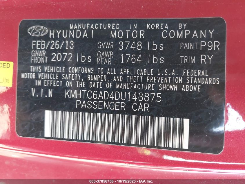 2013 HYUNDAI VELOSTER - KMHTC6AD4DU143875