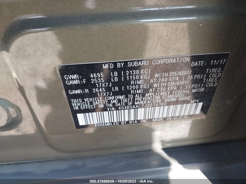 VIN 4S4BSAAC7J3274180 2018 SUBARU OUTBACK 2.5I