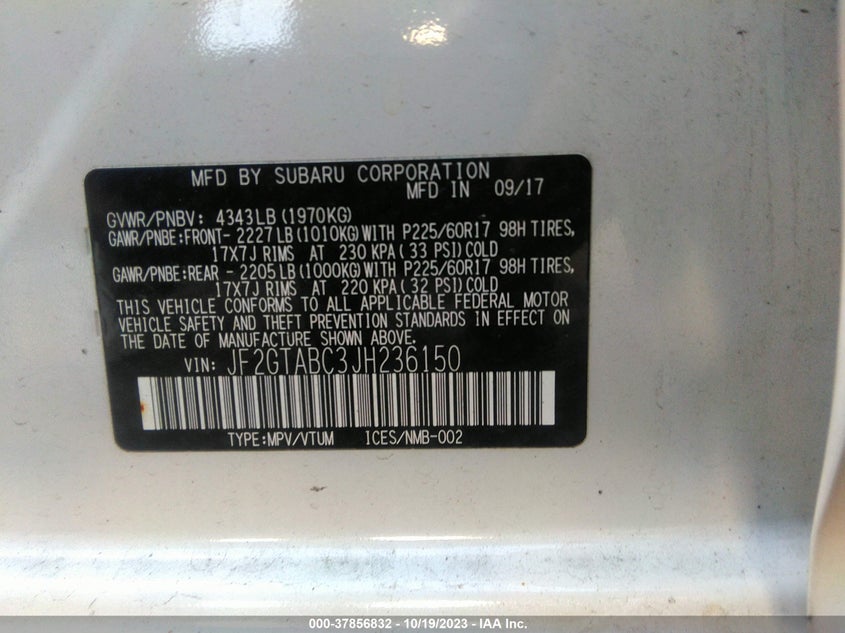 VIN JF2GTABC3JH236150 2018 SUBARU CROSSTREK PREMIUM