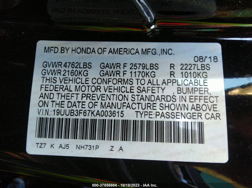 VIN 19UUB3F67KA003615 2019 ACURA TLX TECHNOLOGY/A-SPEC