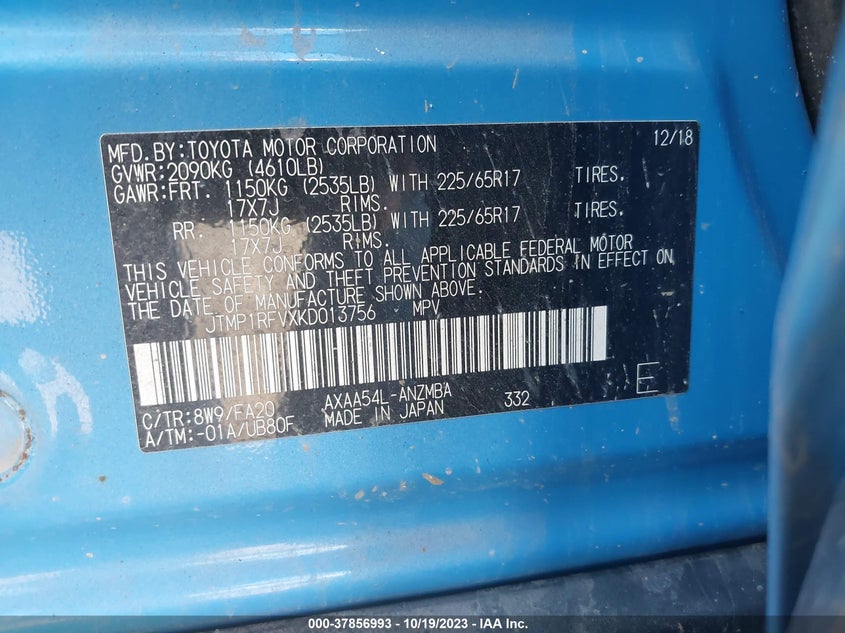 VIN JTMP1RFVXKD013756 2019 TOYOTA RAV4 XLE/XLE PREMIUM