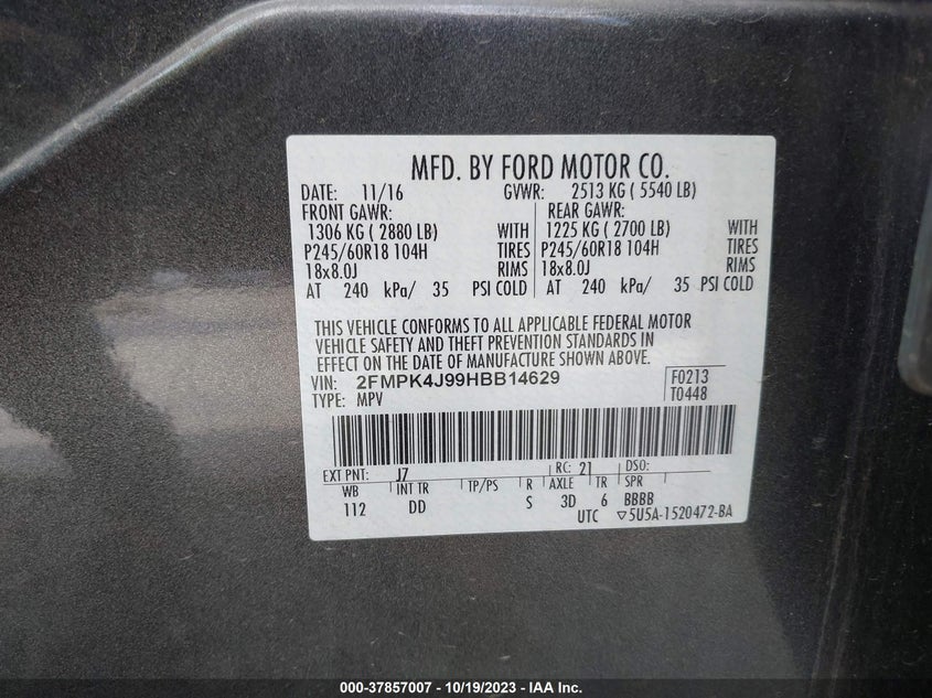 VIN 2FMPK4J99HBB14629 2017 FORD EDGE SEL