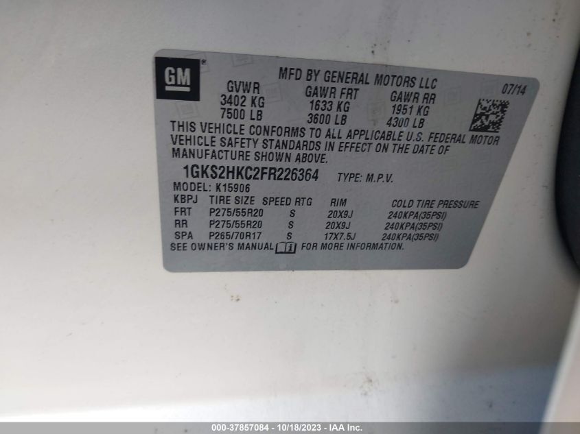 2015 GMC YUKON XL 1500 SLT 1GKS2HKC2FR226364