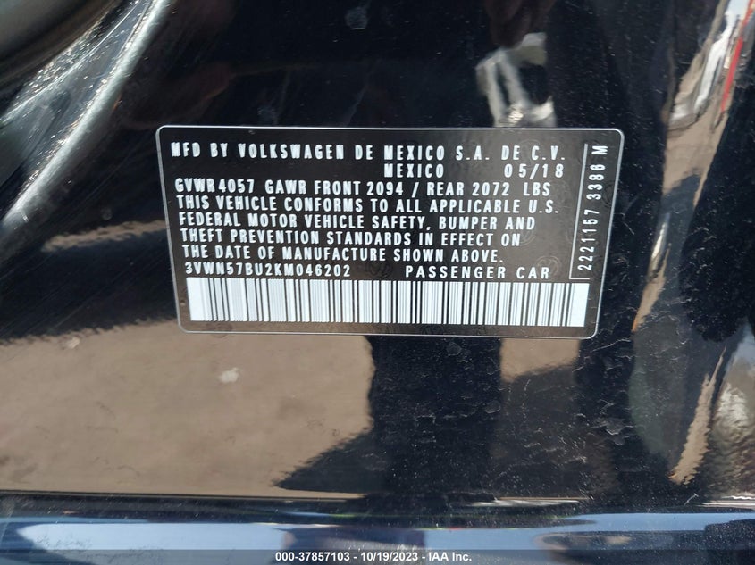 VIN 3VWN57BU2KM046202 2019 VOLKSWAGEN JETTA S