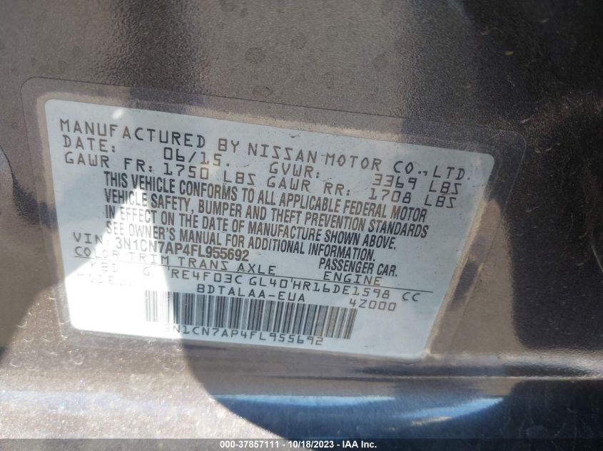 2015 NISSAN VERSA S - 3N1CN7AP4FL955692