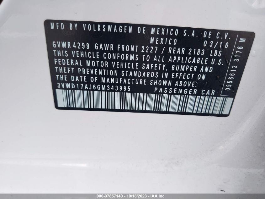 2016 VOLKSWAGEN JETTA SEDAN 1.8T SPORT 3VWD17AJ6GM343995