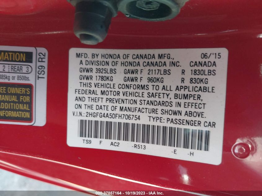 2015 HONDA CIVIC COUPE SI 2HGFG4A50FH706754