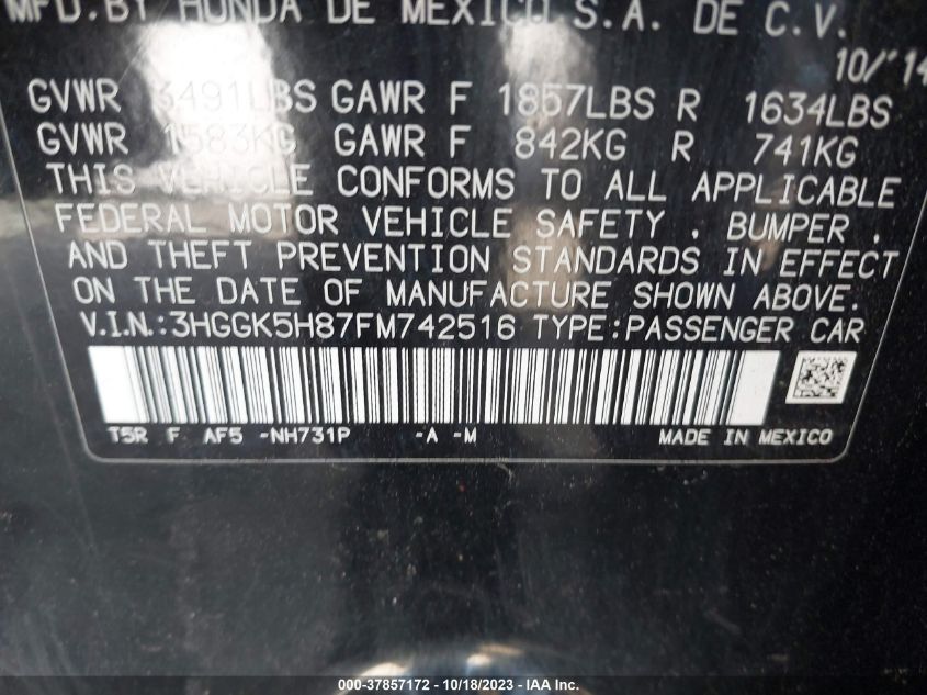2015 HONDA FIT EX-L/EX - 3HGGK5H87FM742516