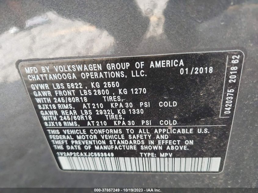 2018 VOLKSWAGEN ATLAS S - 1V2AP2CAXJC553849