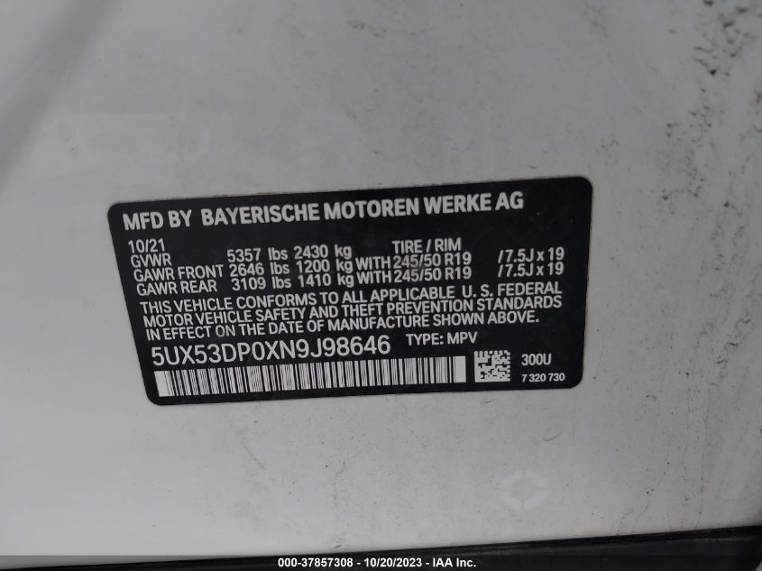 5UX53DP0XN9J98646 2022 BMW X3, photo no. 9