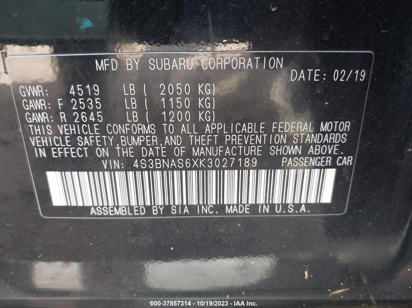 VIN 4S3BNAS6XK3027189 2019 SUBARU LEGACY SPORT