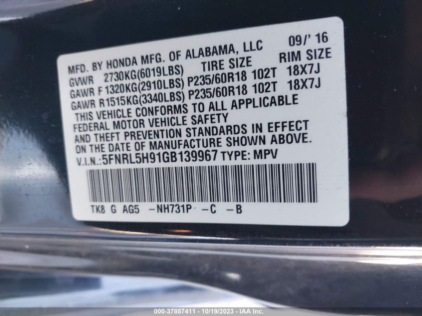 5FNRL5H91GB139967 2016 HONDA ODYSSEY, photo no. 9