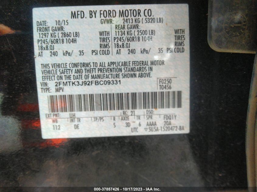 2FMTK3J92FBC09331 2015 FORD EDGE, photo no. 9