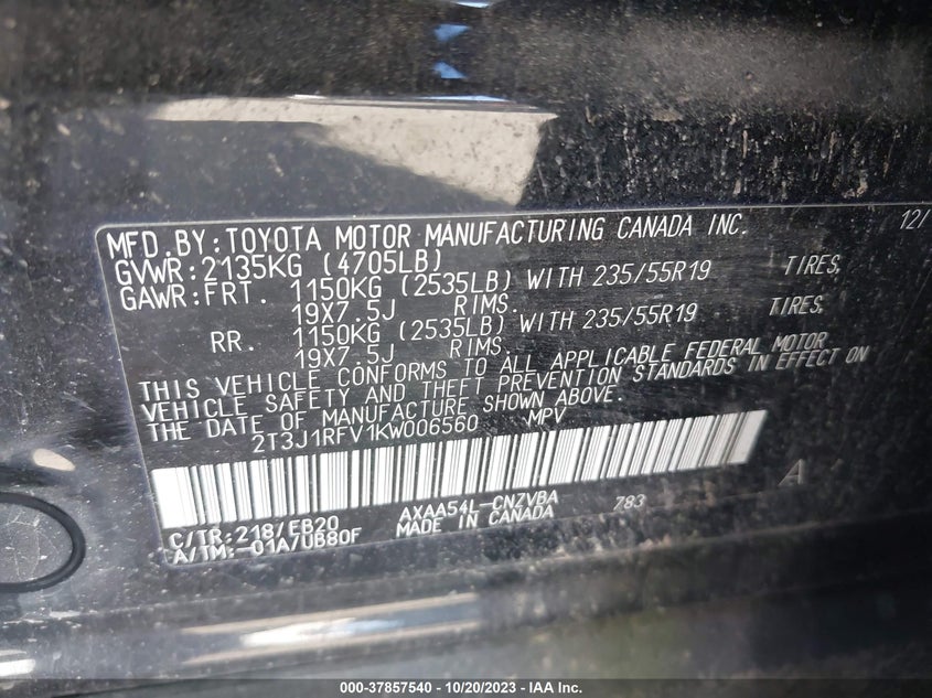 VIN 2T3J1RFV1KW006560 2019 TOYOTA RAV4 ADVENTURE