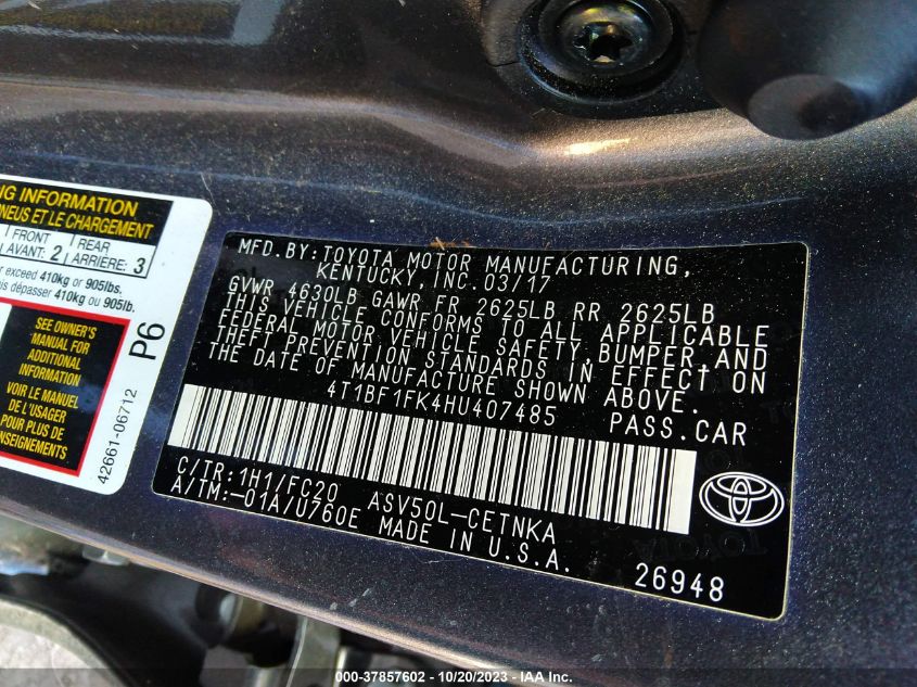 2017 TOYOTA CAMRY LE/XLE/SE/XSE - 4T1BF1FK4HU407485