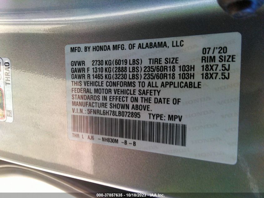 5FNRL6H78LB072895 Honda Odyssey EX-L 9