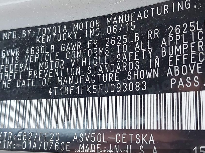 2015 TOYOTA CAMRY XLE/SE/LE/XSE - 4T1BF1FK5FU093083