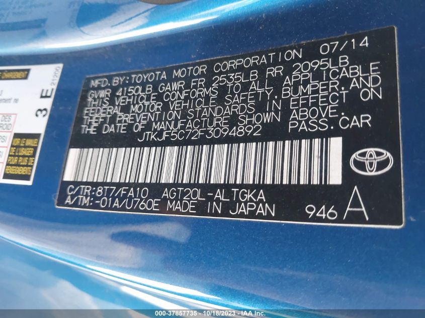 2015 TOYOTA SCION TC - JTKJF5C72F3094892