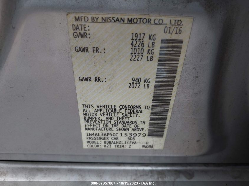 2016 NISSAN ALTIMA 2.5/S/SV/SL/SR - 1N4AL3AP5GC153979