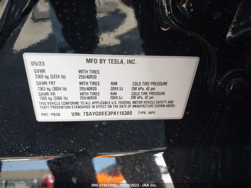 VIN 7SAYGDEE3PA116380 2023 TESLA MODEL Y LONG RANGE