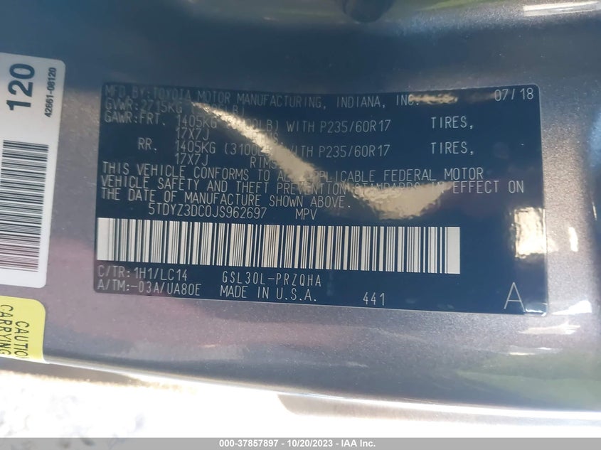 VIN 5TDYZ3DC0JS962697 2018 TOYOTA SIENNA XLE/XLE PREMIUM/LIMITED/L