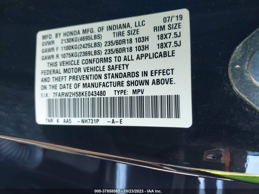 VIN 7FARW2H58KE043480 2019 HONDA CR-V EX