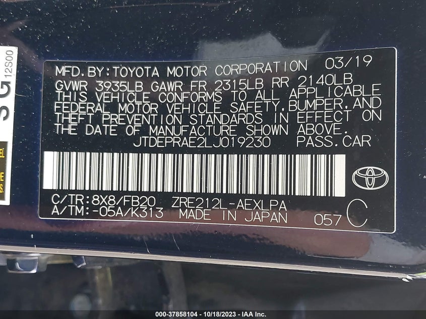 VIN JTDEPRAE2LJ019230 2020 TOYOTA COROLLA LE