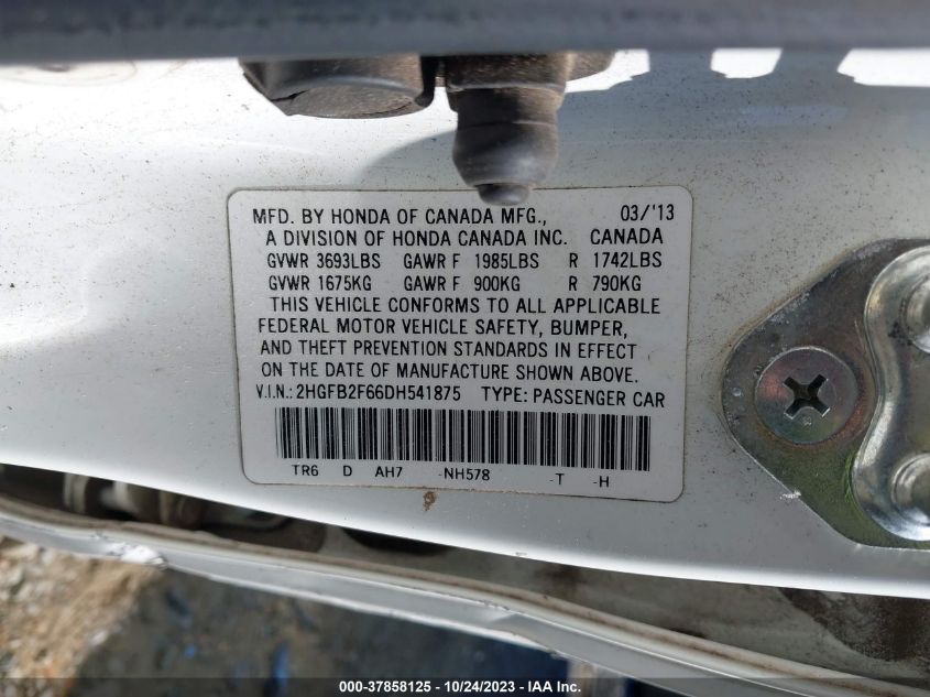 2013 HONDA CIVIC SDN HF 2HGFB2F66DH541875
