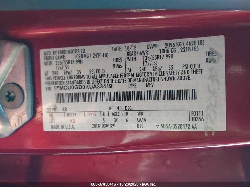 VIN 1FMCU0GD0KUA33419 2019 FORD ESCAPE SE