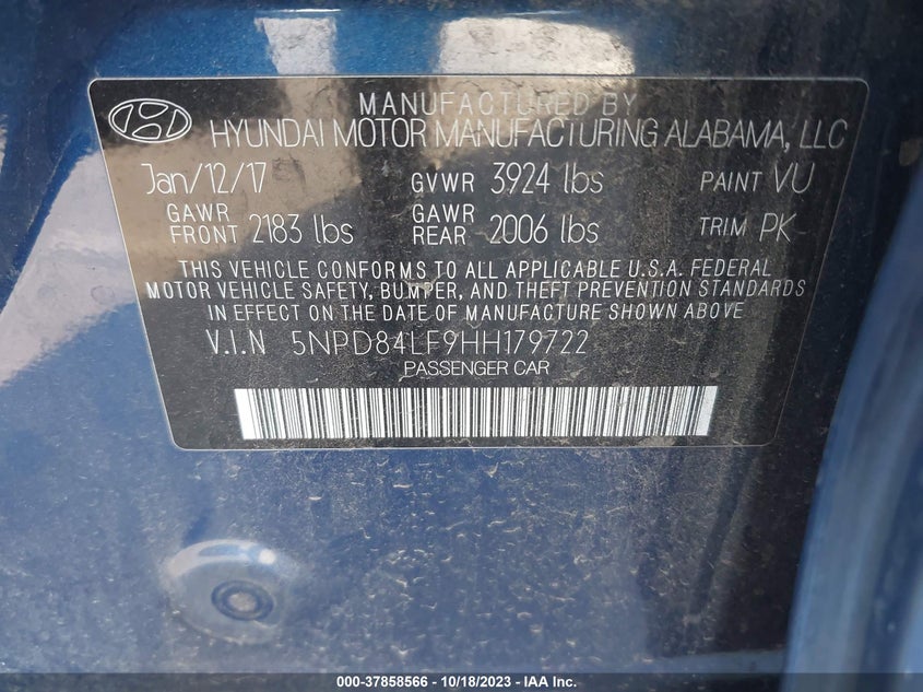 VIN 5NPD84LF9HH179722 2017 HYUNDAI ELANTRA SE