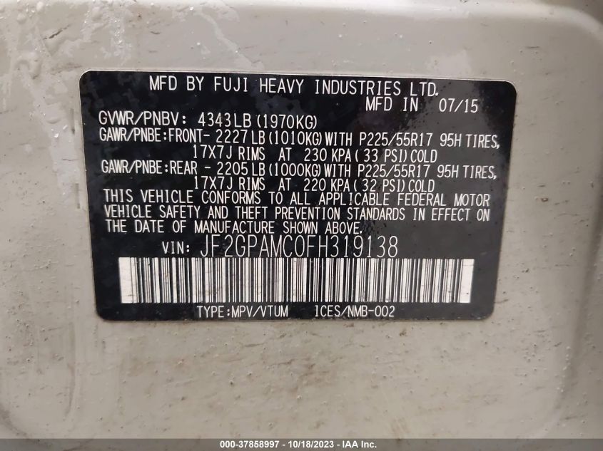 2015 SUBARU XV CROSSTREK LIMITED - JF2GPAMC0FH319138