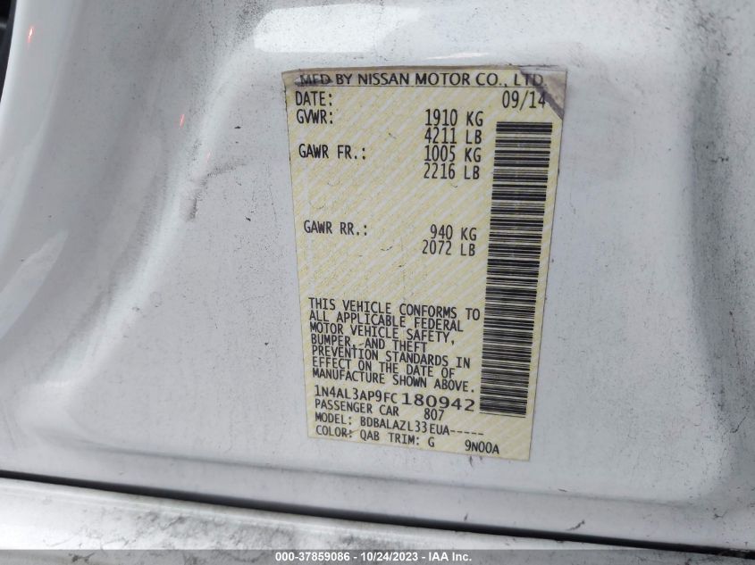 2015 NISSAN ALTIMA 2.5/S/SV/SL - 1N4AL3AP9FC180942