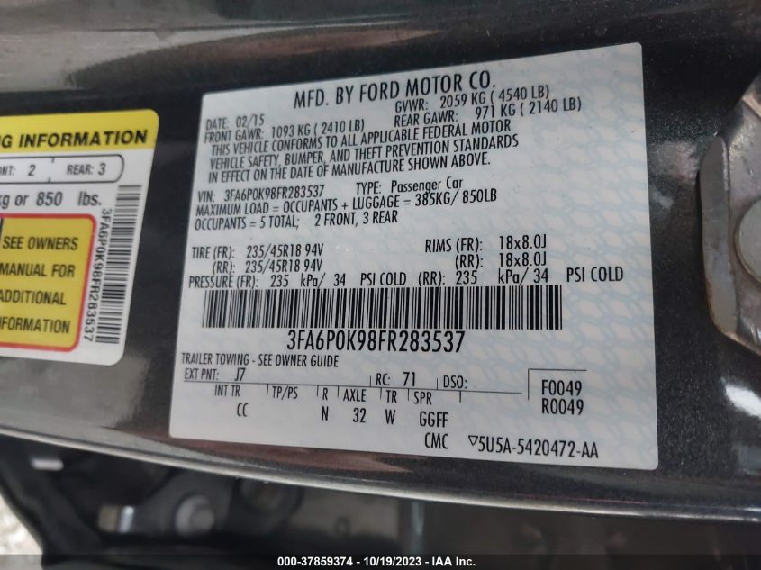 2015 FORD FUSION TITANIUM - 3FA6P0K98FR283537