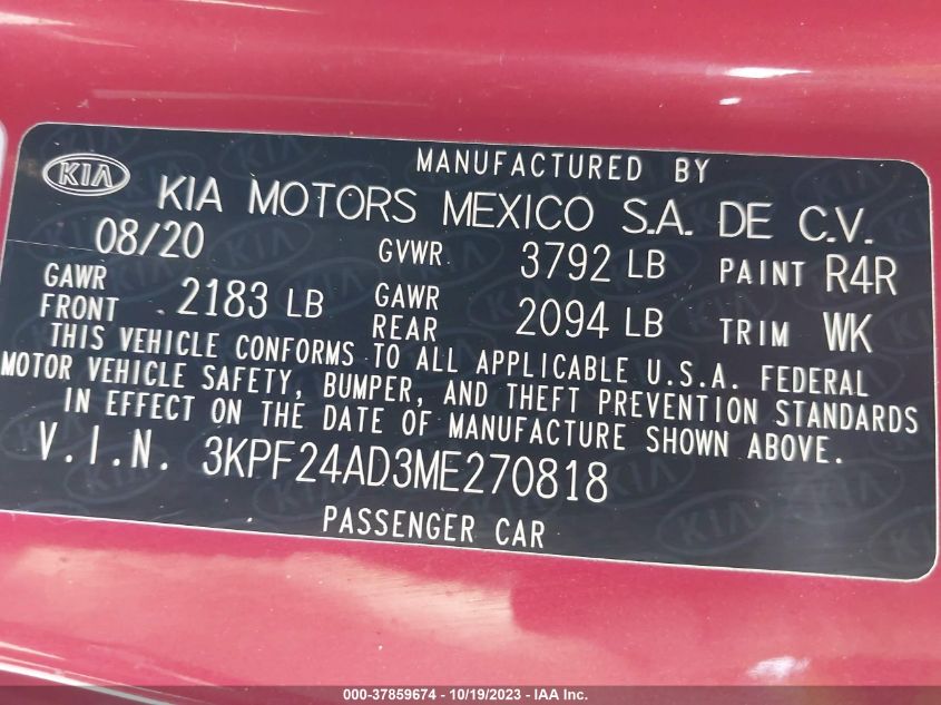 2021 KIA FORTE LXS - 3KPF24AD3ME270818