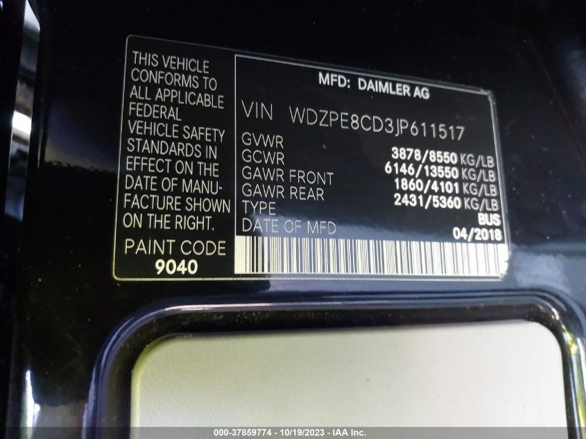 2018 MERCEDES-BENZ SPRINTER 2500 HIGH ROOF V6 - WDZPE8CD3JP611517