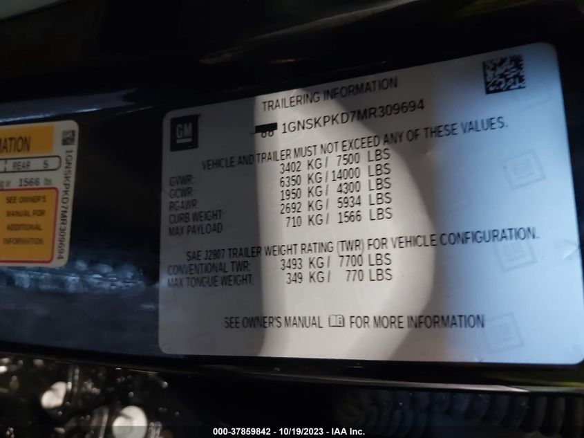 2021 CHEVROLET TAHOE Z71 - 1GNSKPKD7MR309694