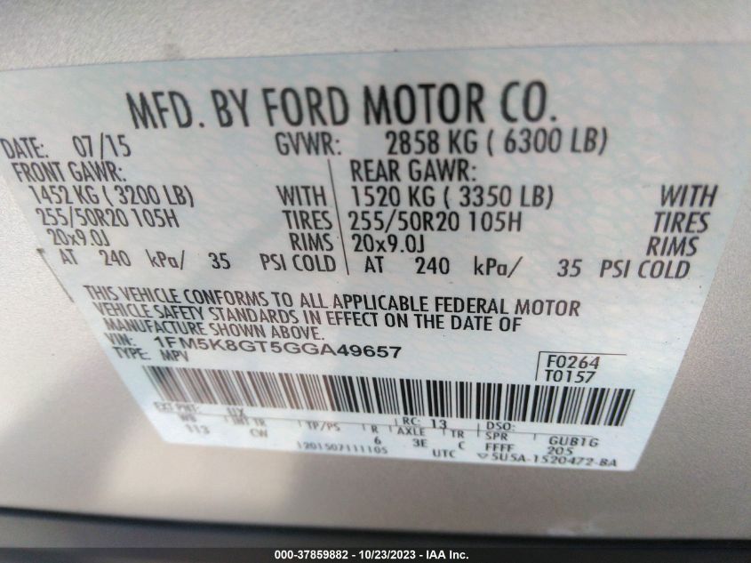 2016 FORD EXPLORER SPORT - 1FM5K8GT5GGA49657