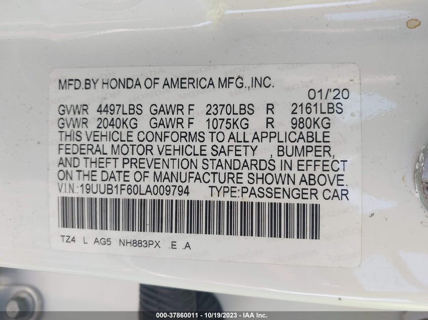 VIN 19UUB1F60LA009794 2020 ACURA TLX TECHNOLOGY/A-SPEC