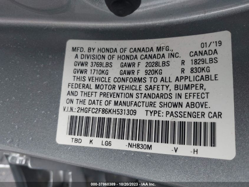 2019 HONDA CIVIC SPORT - 2HGFC2F86KH531309
