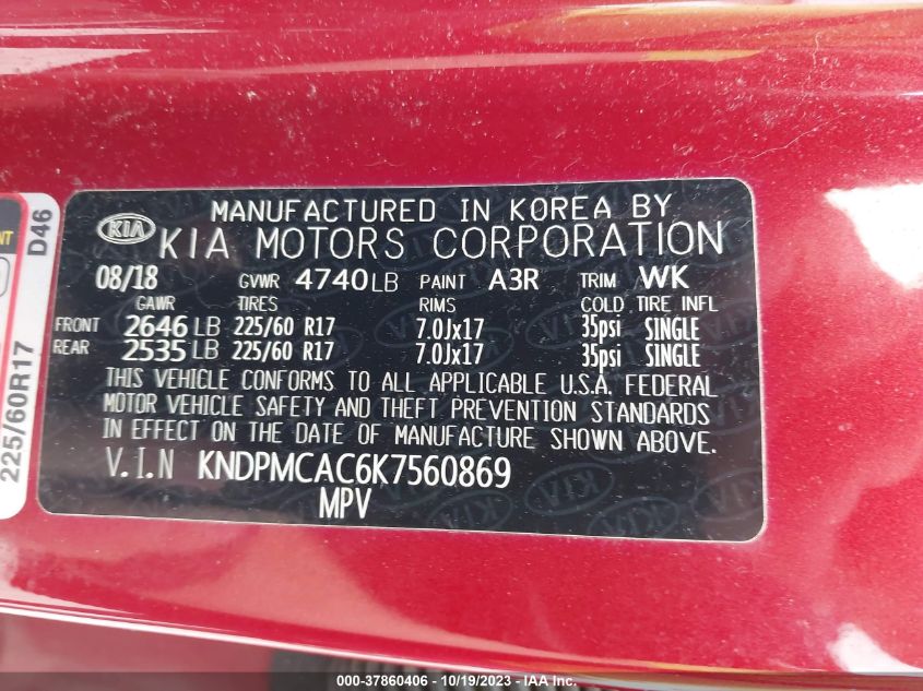 VIN KNDPMCAC6K7560869 2019 KIA SPORTAGE LX