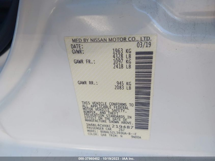 2019 NISSAN ALTIMA 2.5 SR - 1N4BL4CVXKC219487