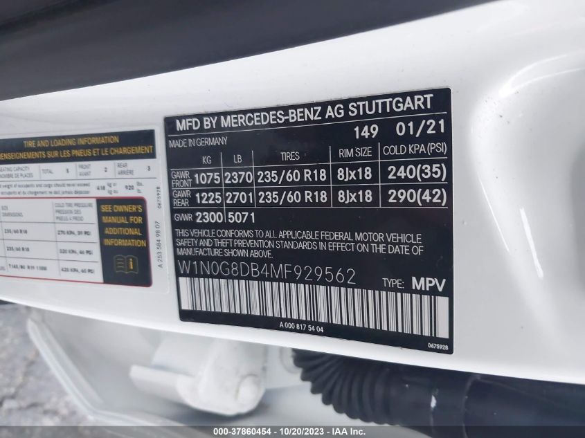 VIN W1N0G8DB4MF929562 2021 MERCEDES-BENZ GLC 300
