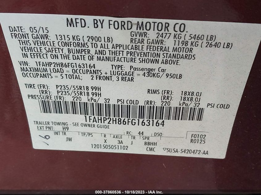 2015 FORD TAURUS SEL - 1FAHP2H86FG163164